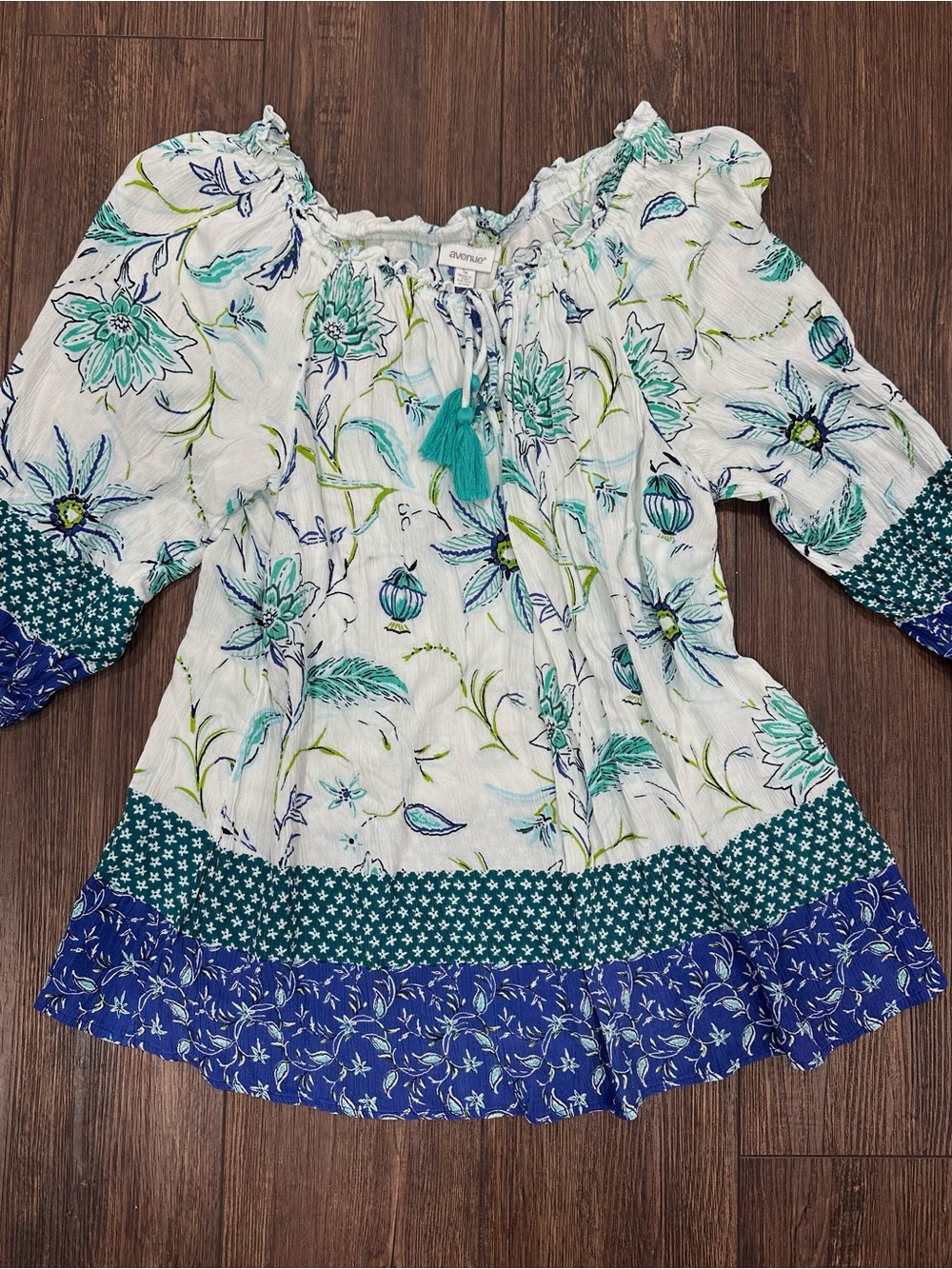 Avenue White Blouse with Blue and Green Floral Print